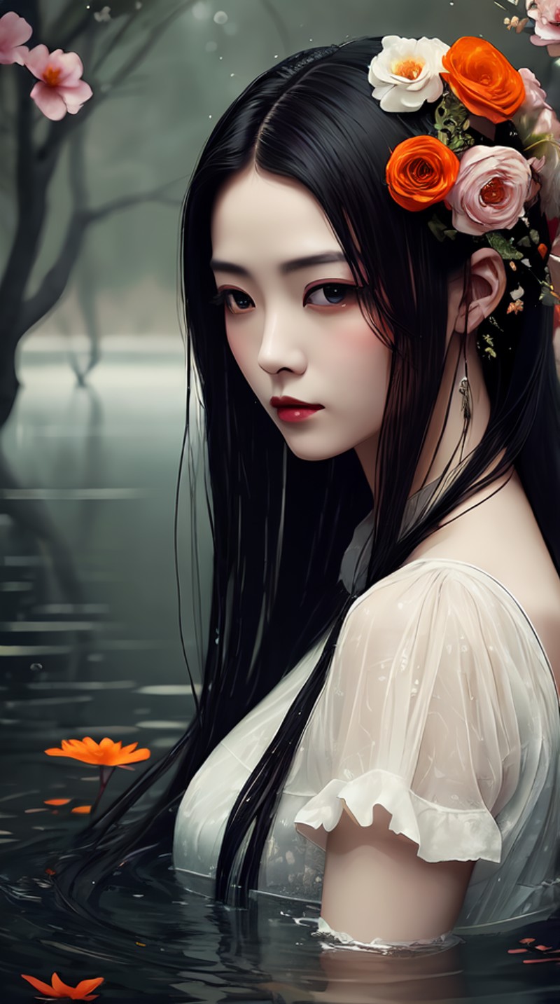 a woman with long black hair is surrounded by water with flowers, in the style of dreamlike realism, dark gray and orange,...